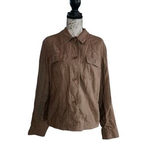 Jones New York Sport Brown Linen Cotton Utility Jacket Shacket, Size Large
